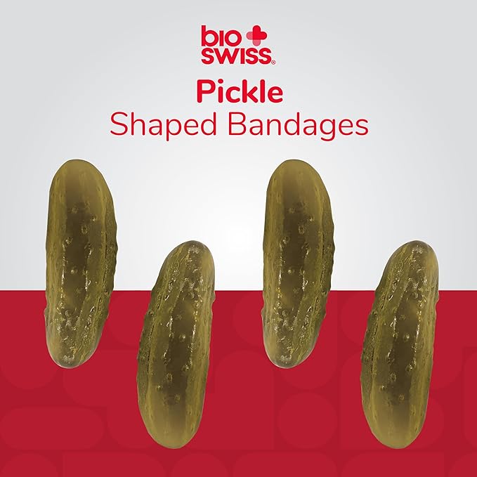 BioSwiss Bandages, Pickle Shaped Self Adhesive Bandage, Latex Free Sterile Wound Care, Fun First Aid Kit Supplies for Kids, 50 Count