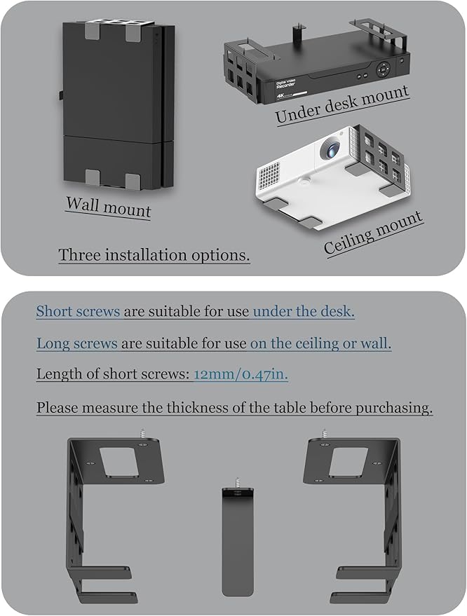Universal Under Desk Mount Holder for Game Console, Media Players, Audio Interface, Mini Pc, UPS System, Projector Ceiling Mount Fit for Any Other 0.6" to 3.5" Thick Devices (Black)