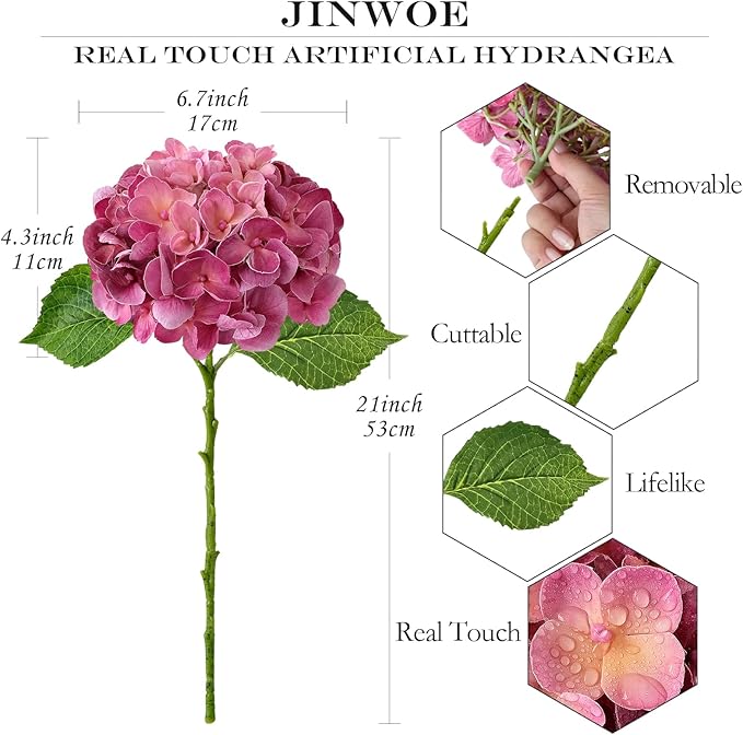 Magenta Pink Hydrangea Artificial Flowers, 4Pcs 21” Latex Real Touch Flowers, Full Faux Silk Flowers Fake Artificial Hydrangeas with Stems for Bouquet Table Centerpieces Wedding Baby Showers