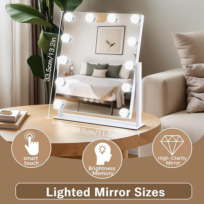 Vanity Mirror with Lights, 13'' x 11'' Lighted Makeup Mirror for Desk, Hollywood Mirror with 12 Dimmable Bulbs, 3 Color Modes, Smart Touch Control, 360°Rotation