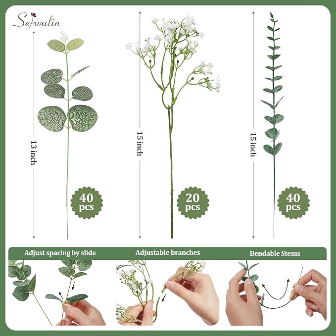 Serwalin 100 Pcs Mixed Artificial Eucalyptus Stems,Babys Breath Artificial Flowers Bulk with Faux Eucalyptus Leaves Greenery Stems for Wedding DIY Bouquets Floral Arrangement Home Decor