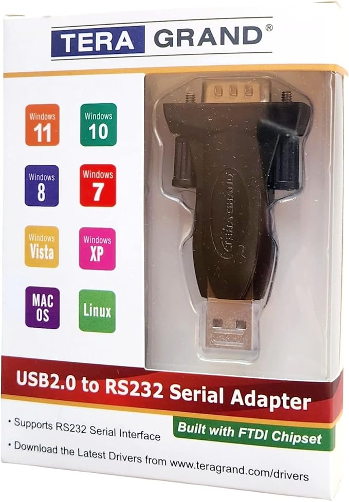 Tera Grand - Premium USB 2.0 to RS232 Serial DB9 Adapter - Supports Windows 11,10, 8, 7, Vista, XP, 2000, 98, Linux and Mac - Built with FTDI Chipset