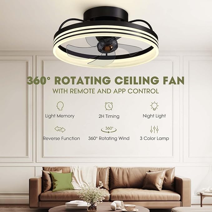 Ceiling Fans with Lights, 360° Rotating Ceiling Fan with Lights and Remote, 6 Wind Speeds Smart Low Profile Ceiling Fan for Bedroom, Kids Room and Living Room 20"