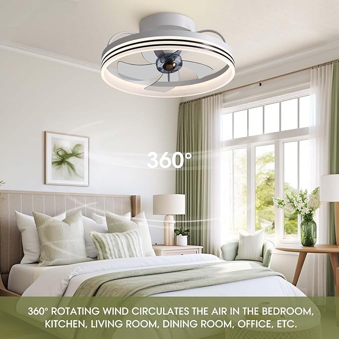 Ceiling Fans with Lights, 360° Rotating Ceiling Fan with Lights and Remote, 6 Wind Speeds Smart Flush Mount Ceiling Fan for Bedroom, Dining Room and Kitchen 20"