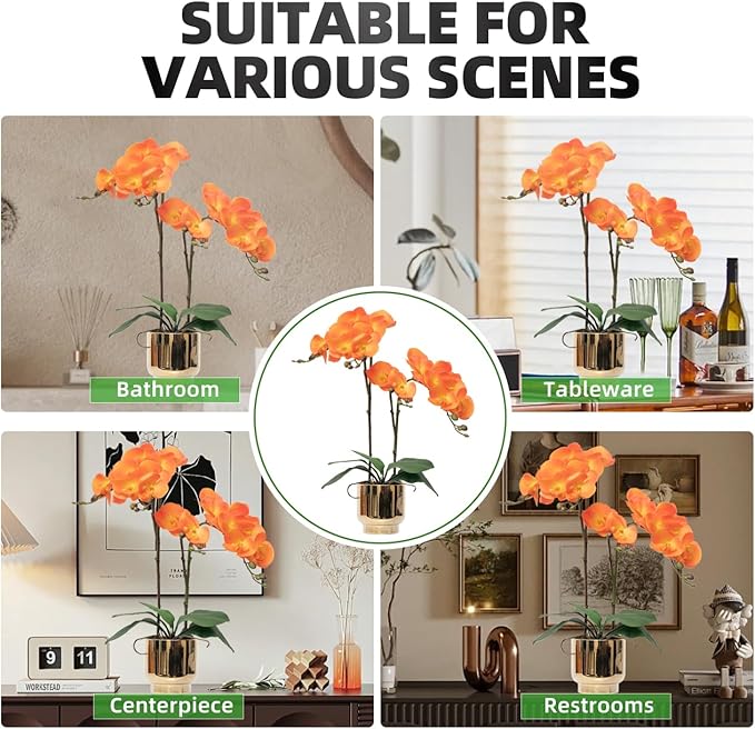 CXGS Orchids Artificial Flowers Real Touch Fake Flowers in Ceramic Pot 20" Orange Faux Orchid Plant Lifelike Silk Phalaenopsis for Centerpiece Hotel Home Indoor Decor