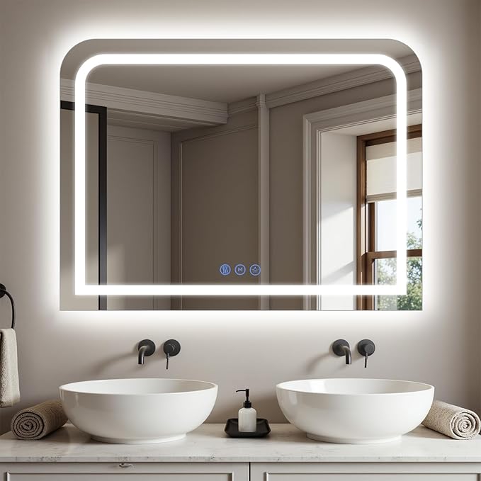 LED Bathroom Mirror, 40"x 32" LED Mirror with Lights for Bathroom, Lighted Vanity Mirrors for Wall, Anti-Fog, Dimmable, Tempered Glass, Memory Function, 3 Colors, Safe Use (White)