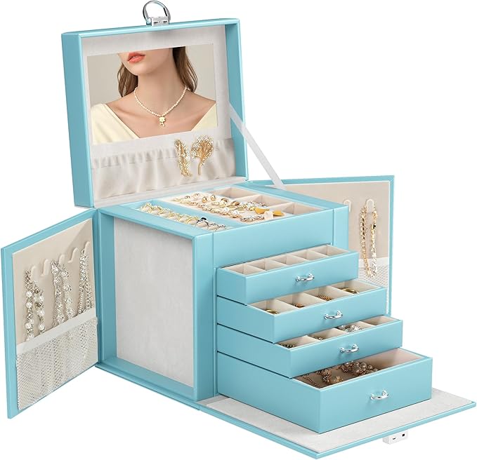 5-Layer Jewelry Box with 4 Drawers, Huge Portable Jewelry Organizer with Lock and Mirror for Women, for Necklace Ring Earring Bracelet Storage, Lockable Jewelry Case, Blue