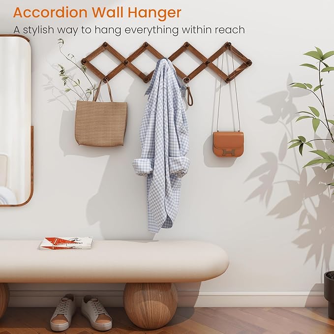 Homode Vintage Wood Expandable Peg Rack- Multi-Purpose Accordion Wall Hangers with 13 Hooks for Hats, Coat, Mugs, Scarf, Jewelry Storage