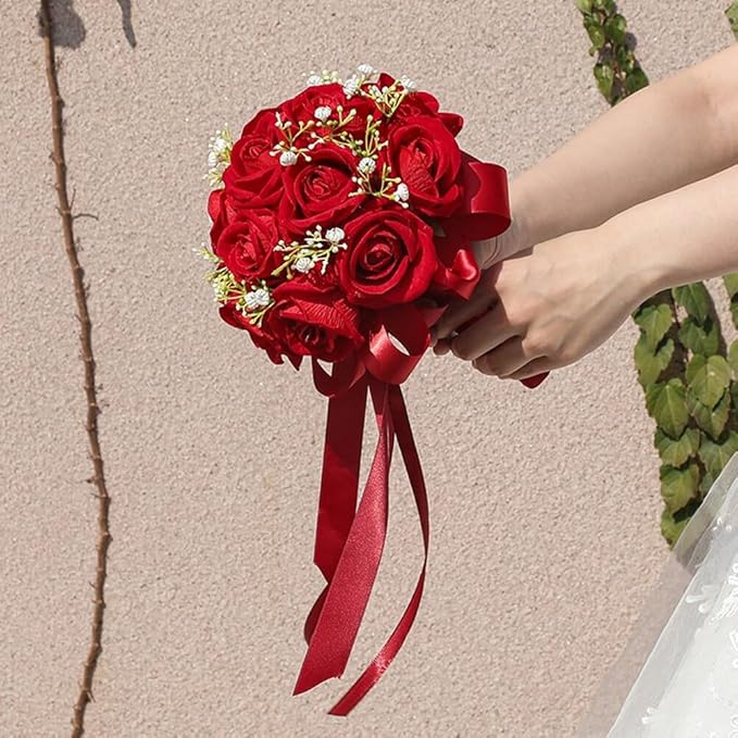 Wedding Bouquet Bride Flower Bridal Bouquets, Ribbon Artificial Rose Wedding Bouquets for Bride Bridesmaid Bouquet Dark Red Rose Bouquet Bride Bridesmaid Holding Flower for Wedding Decor