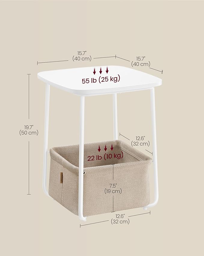 VASAGLE LILEA Collection - Side End Table with Fabric Basket, Modern Nightstand, Square Bedside Table, for Living Room, Bedroom, Matte White and Camel Brown ULET229W10