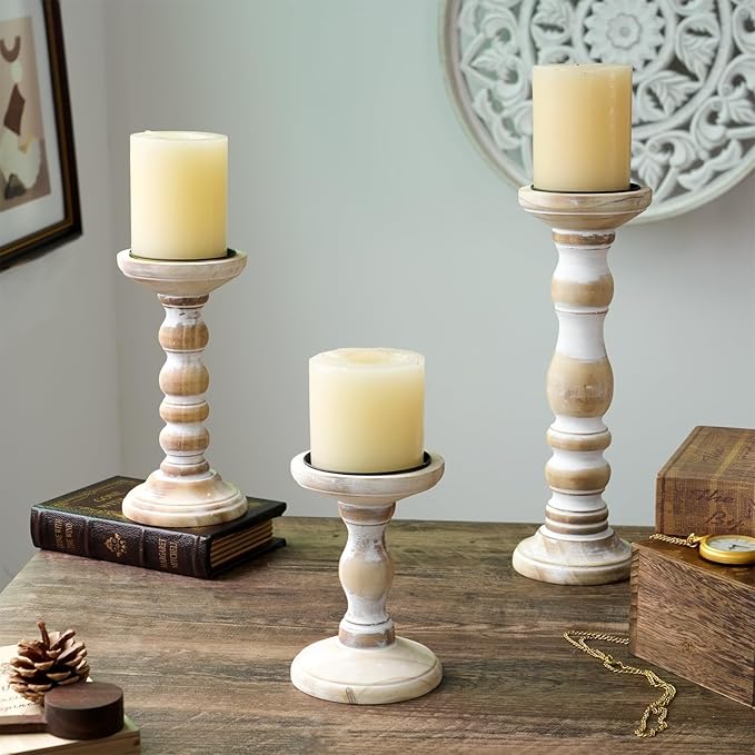 Wood Pillar Candle Holder: 3Pcs Rustic Candle Holders for Pillar Candles Wood Candle Holders Distressed Wooden Farmhouse Large Candle Holder for Fireplace Table (White, 6", 8", 12")