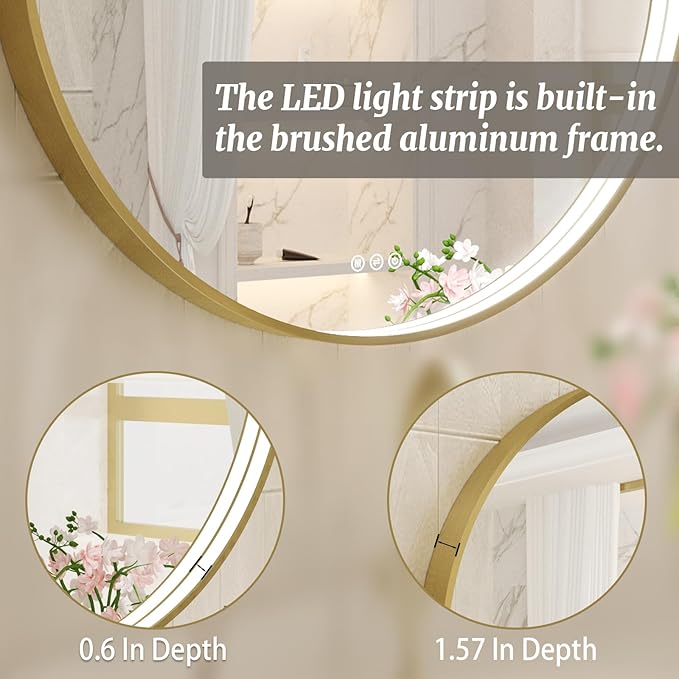 28 Inch Round LED Bathroom Mirror, Gold Metal Framed Lighted Mirror for Bathroom, Wall Mouted LED Vanity Mirror with Lights, 3 Colors and Stepless Dimmable, Anti-Fog, Memory