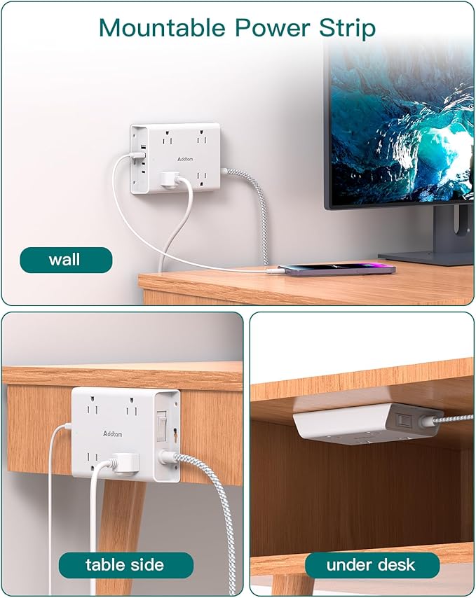 Surge Protector Power Strip, Addtam 5 ft Flat Plug Extension Cord with 4 USB Wall Charger(2 USB C Port), 4 Widely Outlets Desk Charging Station, Home Office and College Dorm Room Essentials