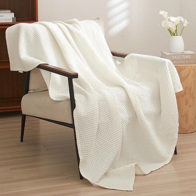 PHF Pre-Washed Cotton Waffle Weave Blanket Throw Size for Couch Bed,Snag Proof Spring Summer Lightweight Breathable,Oeko-TEX Certified,Machine Washable, Home Decor Gift，Cream