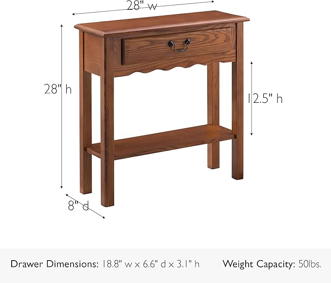 Leick Home Wave Solid Wood Console Table with Drawer and Shelf, Medium Oak, 28 in W x 8 in D x 28 in H, Entryway, Hallway, Landing Table, 9021-MED