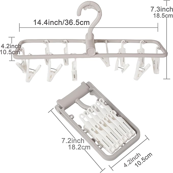 Clothes Drying Racks 2 Pack Grey Colour Small Folding Portable Underwear Hangers with 12 Clips 360° Rotatable Hook for Socks Drying Towels Bras Baby Clothes Gloves Plast