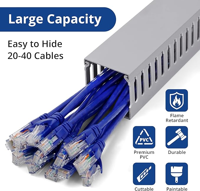 ZhiYo 2x2in Server Rack Cable Management Raceway, Cable Duct Kit, Electrically Safe PVC for Network Wire Management, Open Slot Cord Hider for Computer Under Desk, Grey