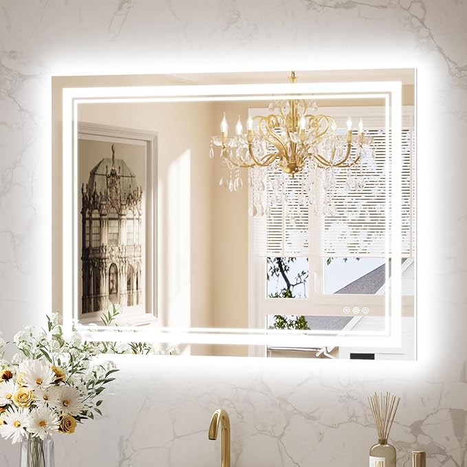 Keonjinn LED Bathroom Mirror 40x30 Inch with Frontlit and Backlit, Stepless 3 Colors Temperature & Dimmable Wall Mirror, UL Listed LED Driver, Anti-Fog, Double Lights, Frameless Bathroom Vanity Mirror