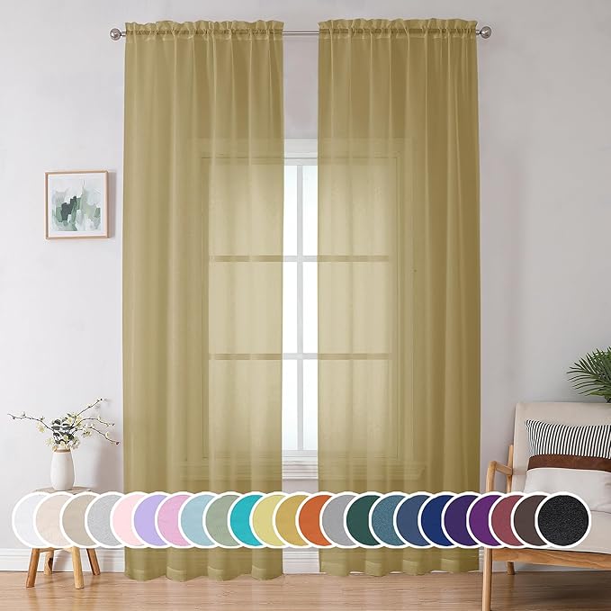 OWENIE Gold Sheer Curtain 96 Inch Long 2 Panels Set, Light Filtering Clear Rod Pocket Soft Sheer Curtain 95 for Bedroom/Living Room, 2Pcs, Each 42" W x 96" L,Gold