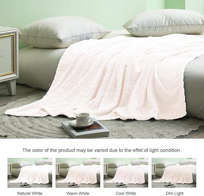 Exclusivo Mezcla Fleece King Size Blanket for Bed, 90x104 Inches Soft Cozy Jacquard Flannel Blankets, Lightweight Fuzzy Plush Warm for Winter, Off White