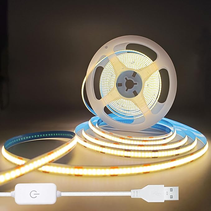 A 5V USB LED Light Strip, COB LED Strip Lights, Warm 5V LED Lights, Small LED Strip Light, TV Lights for TV Under Cabinet Kitchen Living Room Shelving or Displays (Warm 6.56ft)