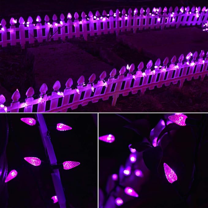 Twinkle Star C6 Halloween String Lights, 100 LED 33ft Fairy Lights with 29V Safe Adapter, Indoor Outdoor Black Wire Lights 8 Lighting Modes for Patio Xmas Tree Party Decor, Purple