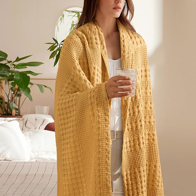 PHF 100% Cotton Waffle Weave Throw Blanket, Soft Lightweight Breathable Cozy Throws for Couch Bed Sofa, Luxury Aesthetic Woven Blanket for Home Decor & Office, 50"x60", Pumpkin Orange