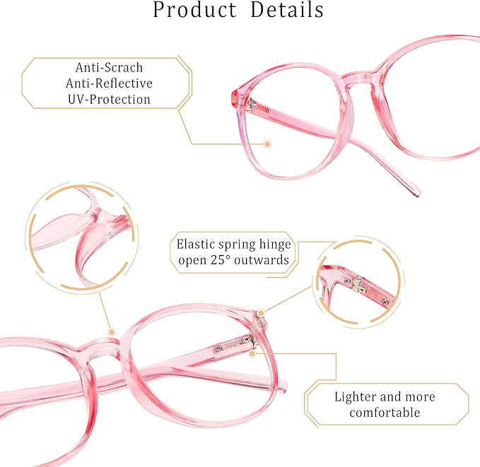 LifeArt Round Blue Light Blocking Glasses, Computer Glasses, Gaming Glasses, TV Glasses for Women Men (Clear Pink, 3.25 Magnification)