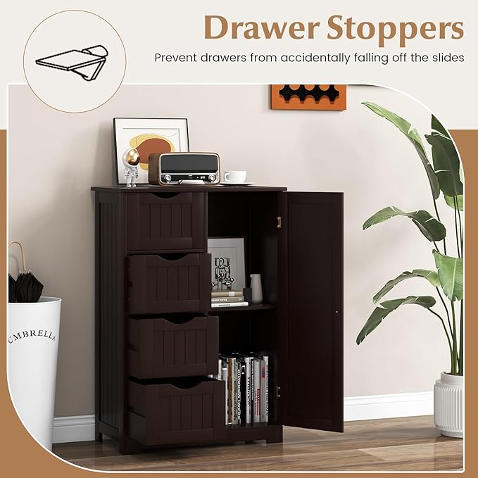 Giantex Bathroom Storage Cabinet with Drawers - 4 Drawer Storage Organizer w/Cupboard, Adjustable Shelf, Anti-Toppling Device, Entryway Storage Unit Console Table, Bathroom Floor Cabinet (Brown)