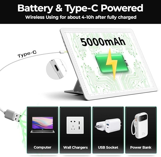 Zocelight Rechargeable A3 Light Board with Built-in Stand,Super Bright Magnetic Light Box for Tracing,Wireless Light Pad for Diamond Painting,Side Buttons,LED Light Table for Drawing,Sketching(White)