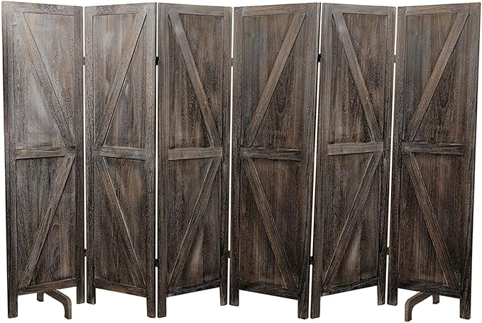 Premium Home 6-Panel Room Divider – Rustic Brown Barn Door, K Pattern Folding Privacy Screen, Partition Wall