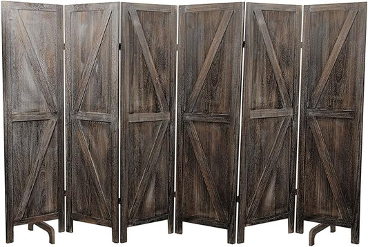 Premium Home 6-Panel Room Divider – Rustic Brown Barn Door, K Pattern Folding Privacy Screen, Partition Wall