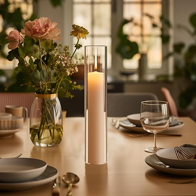 12 Pcs 2.5"W x 14"H Hurricane Glass Candle Holders - Bottomless Glass Hurricane Pillar Candle Holder Open Ended Sleeve Tube Cover for Pillar Candleholders （Metal Candlestick not Included）