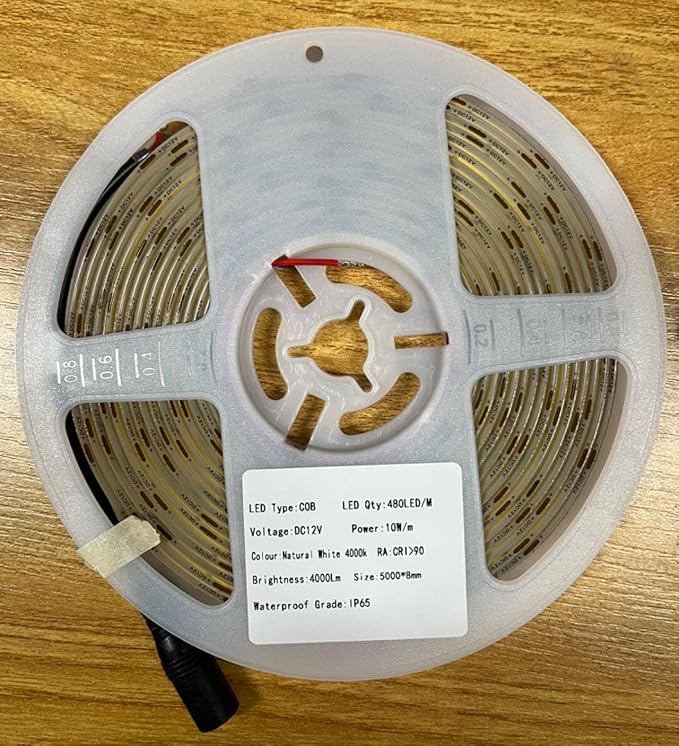 TOPAI 12V COB LED Strip Light 4000K Natural White Waterproof IP65 480LEDs/M Super Bright 4000Lm CRI>90 16.4ft/5M Self Adhesive Dotless Cuttable Flexible for Bedroom Cabinet DIY Lighting