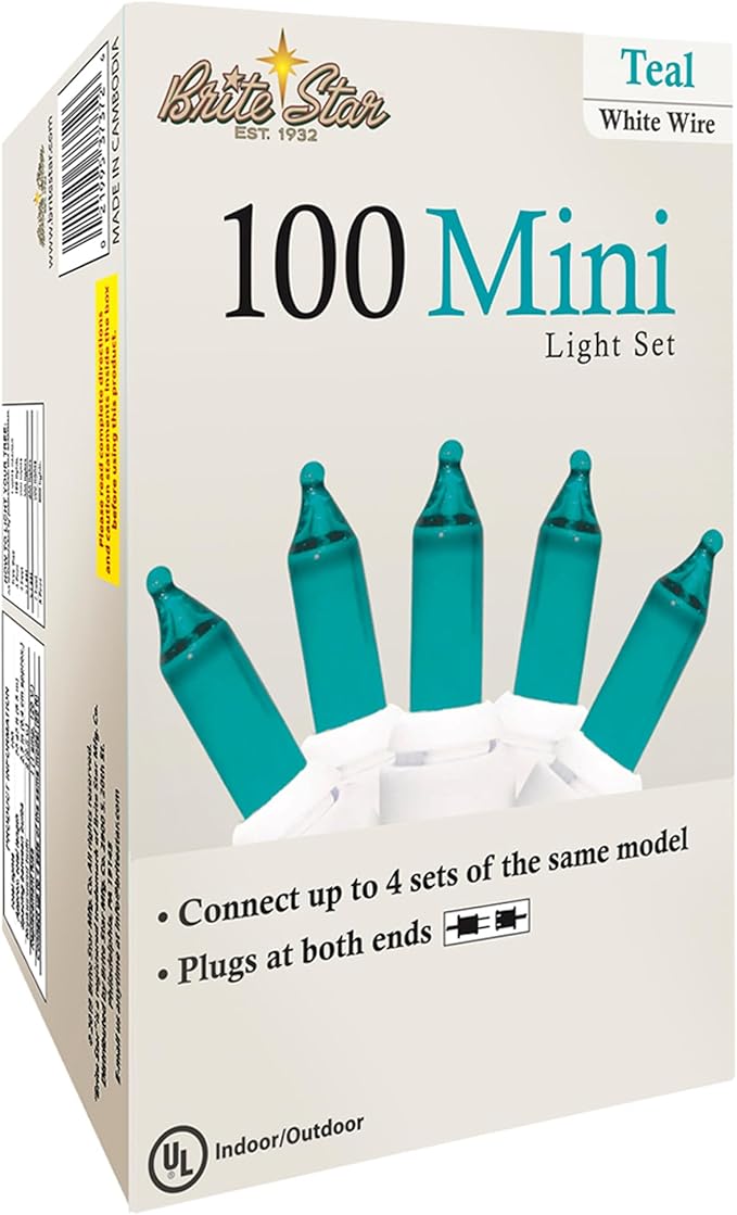 Brite Star 100 Count Mini String Christmas Lights, Teal - 22 feet Indoor/Outdoor Christmas Tree Lights with White Wire