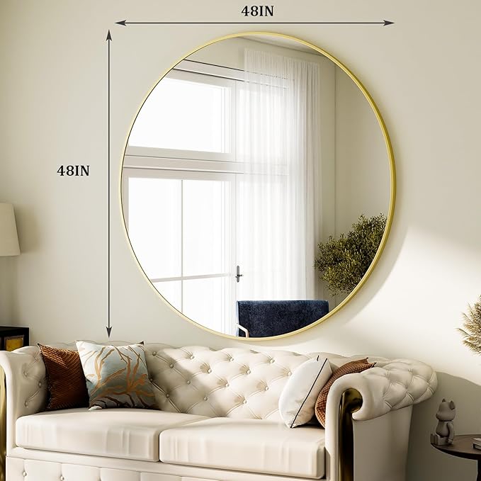 HARRITPURE 48 Inch Round Mirror, Gold Circle Bathroom Mirror, Modern Aluminum Alloy Frame Large Vanity Wall Mirror for Living Room, Bedroom, Entryway