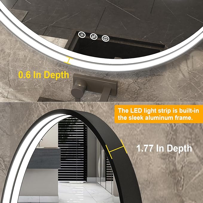 28 Inch LED Round Mirror for Bathroom, Black Metal Framed LED Bathroom Mirror with Lights, 3 Colors and Stepless Dimmable Wall Mounted Lighted Bathroom Vanity Mirror, Anti-Fog, Memory