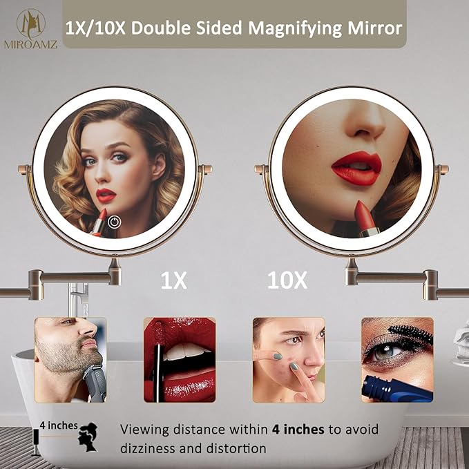 Rechargeable Wall Mounted Lighted Makeup Vanity Mirror 8 Inch Double Sided 1X 10X Magnifying Bathroom Mirror, 3 Color Lighting, Touch Screen Dimming, 360 Rotation Oil Rubbed Bronze