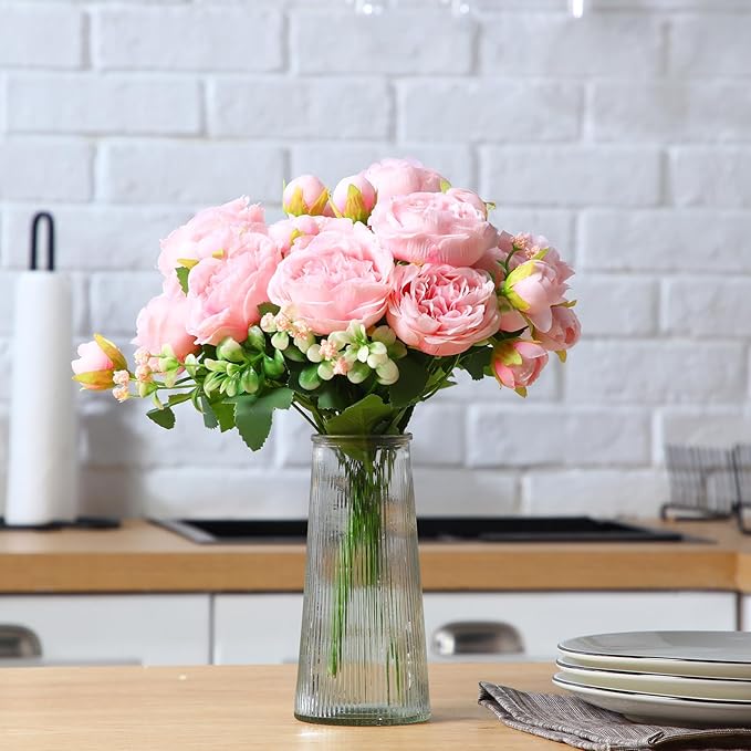 Geosar 8 Bundles Artificial Peonies Flowers Fake Silk Peony Bouquet Faux Peonies Flowers Bulk for Decoration Vase Floral Arrangements Wedding Party Table (Pink)