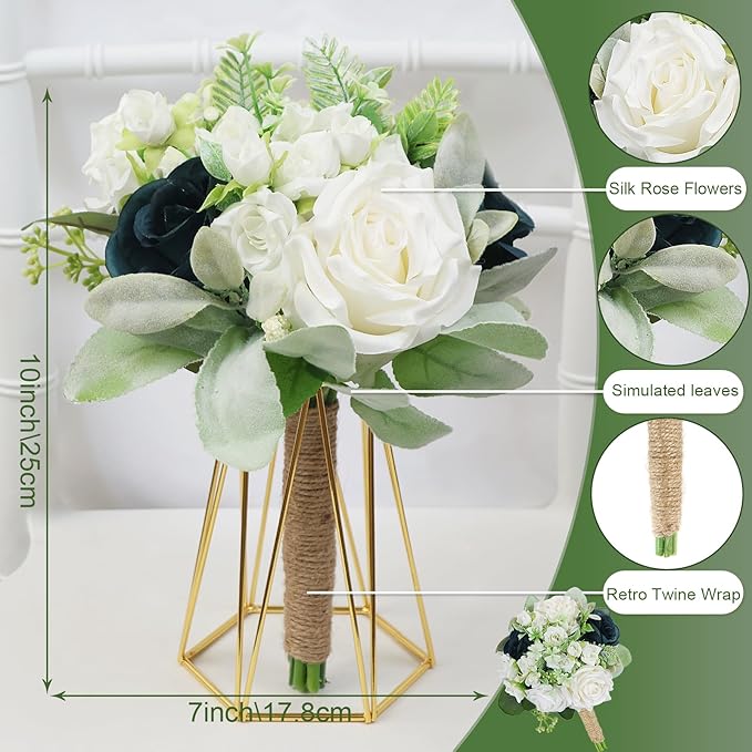Wedding Bridesmaid Bouquet Set of 4 - Artificial Flowers Bouquets for Bridesmaids Pre-Made 7 Inch Faux Small Floral Bouquets Bridal Shower, Wedding, Ceremony, Anniversary - White Teal Blue