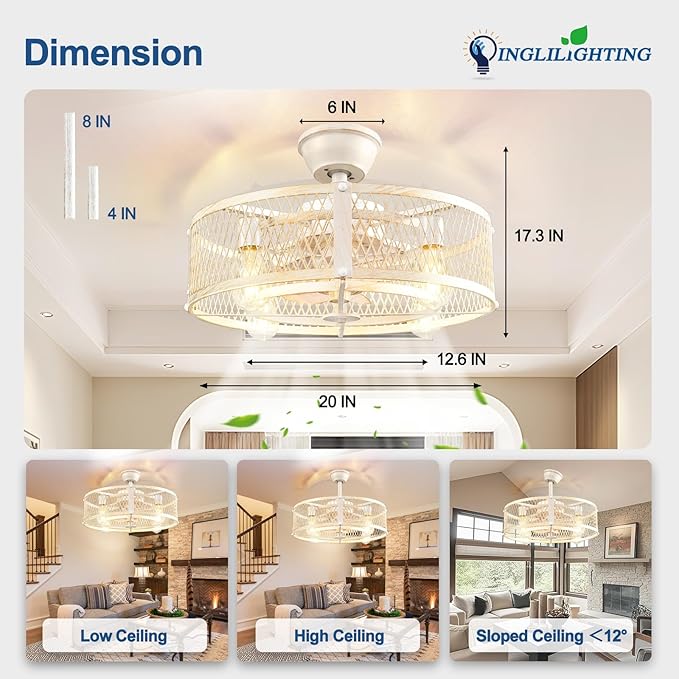 DLLT Caged Ceiling Fan with Lights: 20" Farmhouse Fandelier with Light and Remote - Cement Industrial Chandelier Fan Light for Bedroom Living Dining Room Kitchen