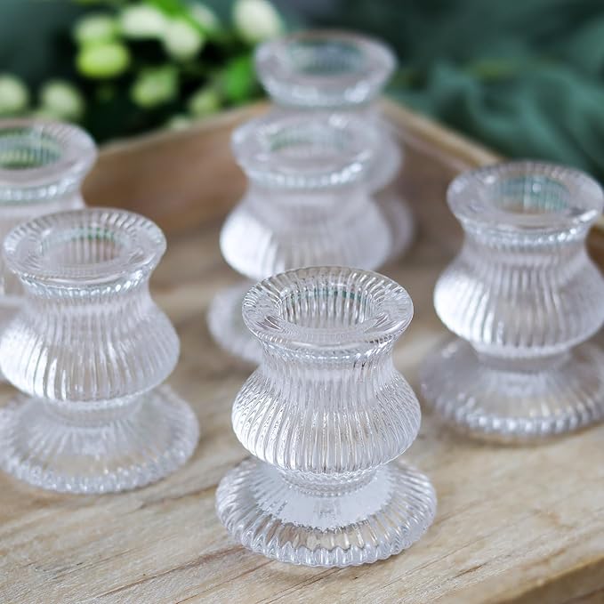WDHODEC Clear Glass Candlestick Holders 12PCS Taper Candle Holders for Table Centerpiece Colorful Candle Sticks for Wedding, Party and Festival Decoration