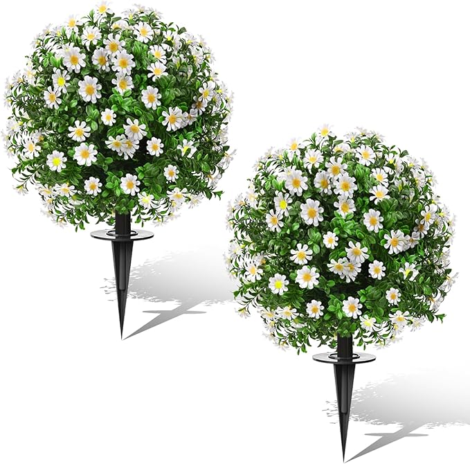 23" Set of 2 Artificial Boxwood Topiary Ball with Sunflower Flowers with Spikes for Outdoor, UV Resistant Faux Greenery Shrubs, Realistic Fake Bushes Plants for Garden, Yard, Front Porch, Patio Decor