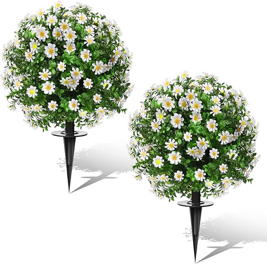 23" Set of 2 Artificial Boxwood Topiary Ball with Sunflower Flowers with Spikes for Outdoor, UV Resistant Faux Greenery Shrubs, Realistic Fake Bushes Plants for Garden, Yard, Front Porch, Patio Decor