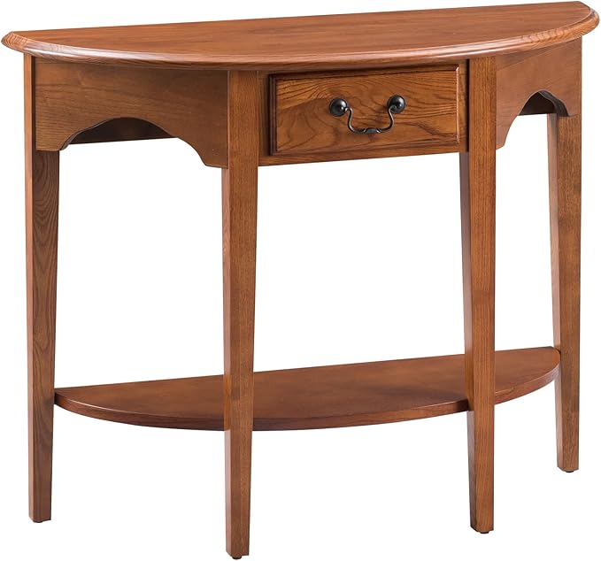 Salem Demilune Solid Wood Console Table with Drawer and Shelf, Medium Oak Brown, Perfect for Entryways, Hallways, and Living Rooms – Leick Home, 9036-MED