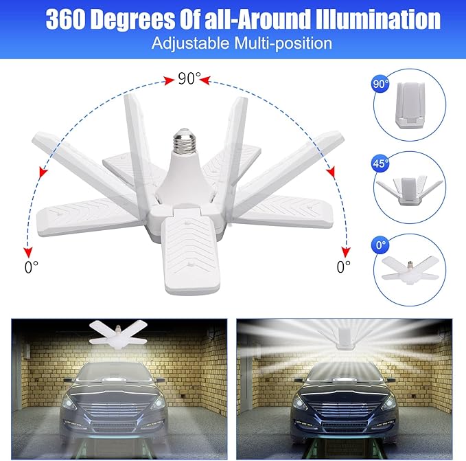 Led Garage Lights 4 Pack, Coomoors 80W LED Shop Light, 8000LM 6500K E26/E27 Garage Ceiling Light with 5 Adjustable Panels 80W-4 Pack