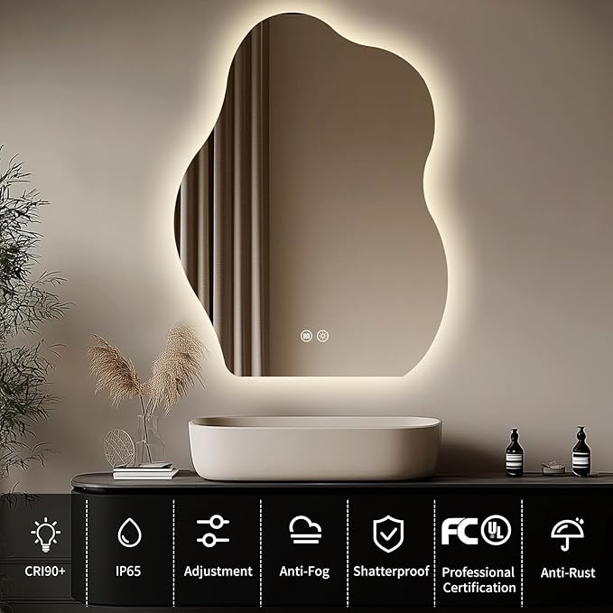 LED Bathroom Mirror with Lights 24x32, Stepless Dimmable Irregular LED Mirror with 3 Colors, Anti-Fog, Memory, Al-Alloy Lampshade, Frameless Makeup Mirror for Bathroom (Vertical Only)