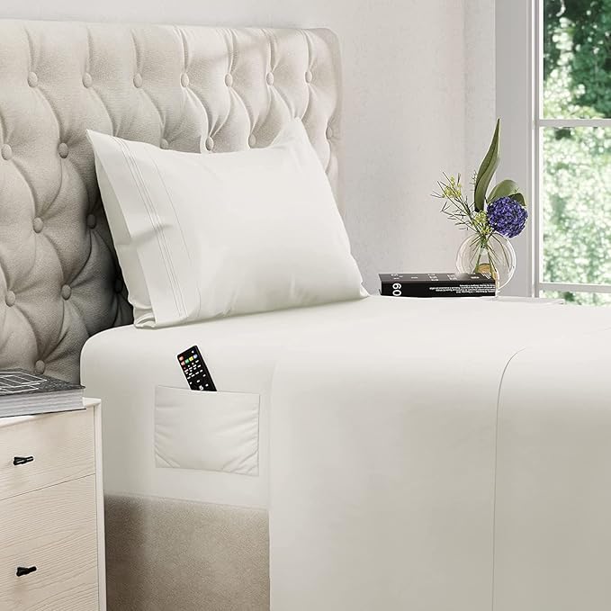 DREAMCARE Twin XL Sheet Sets – 3pcs Cooling Sheets – up to 15” Deep Pocket Twin XL Sheets Set – Hotel Luxury Sheets & Pillowcases – Superior Softness 100% Fine Microfiber with Side Pocket – Ivory