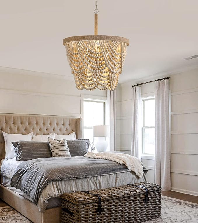 Q&S Boho Wood Beaded Chandelier,Farmhouse Coastal Large Bohemia 5 Lights for Dining Room Kitchen Living Room Entryway Foyer Hotel W19.9 UL Listed