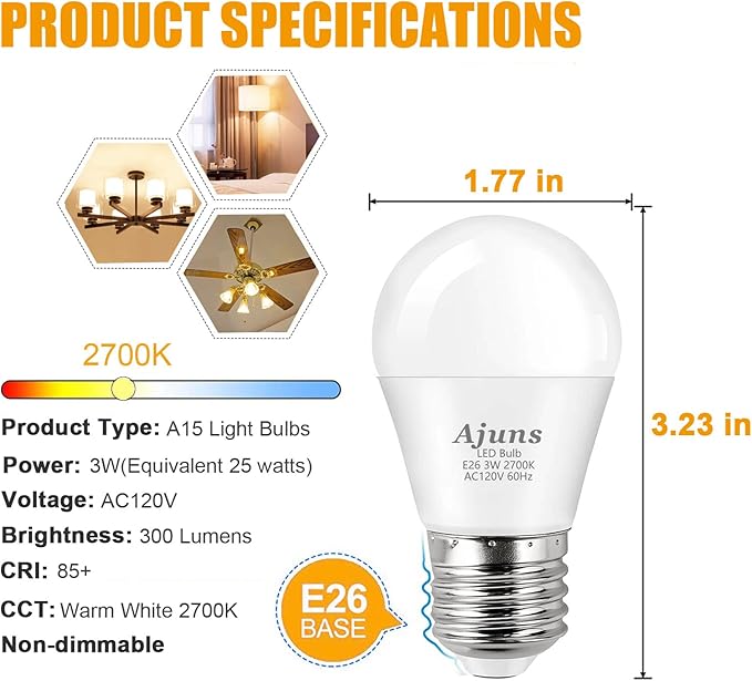 LED 3W 25 Watt Light Bulbs Equivalent, 120V Ceiling Fan Light Table Lamp Bulb Warm White 2700K LED Energy Saving Light E26 Base, Suitable for Home 4 Pack